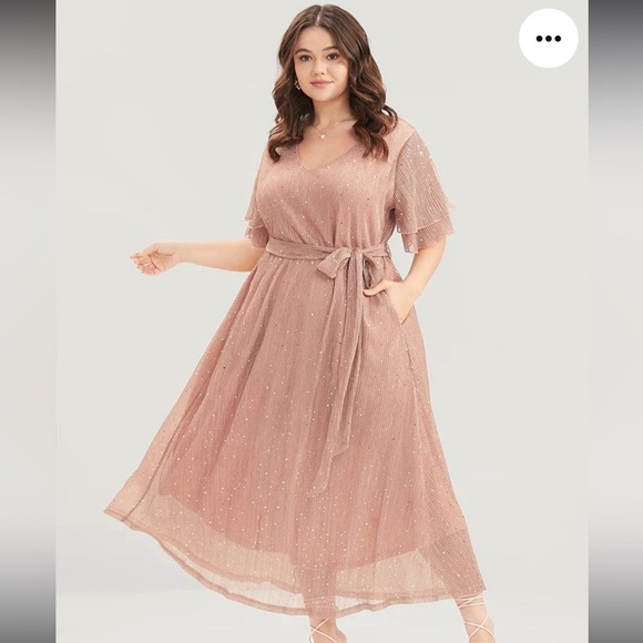 BloomChic Plus Size Plain V Neck Mesh Pocket Ruffle Tiered Belted Midi Dress - Picture 1 of 6